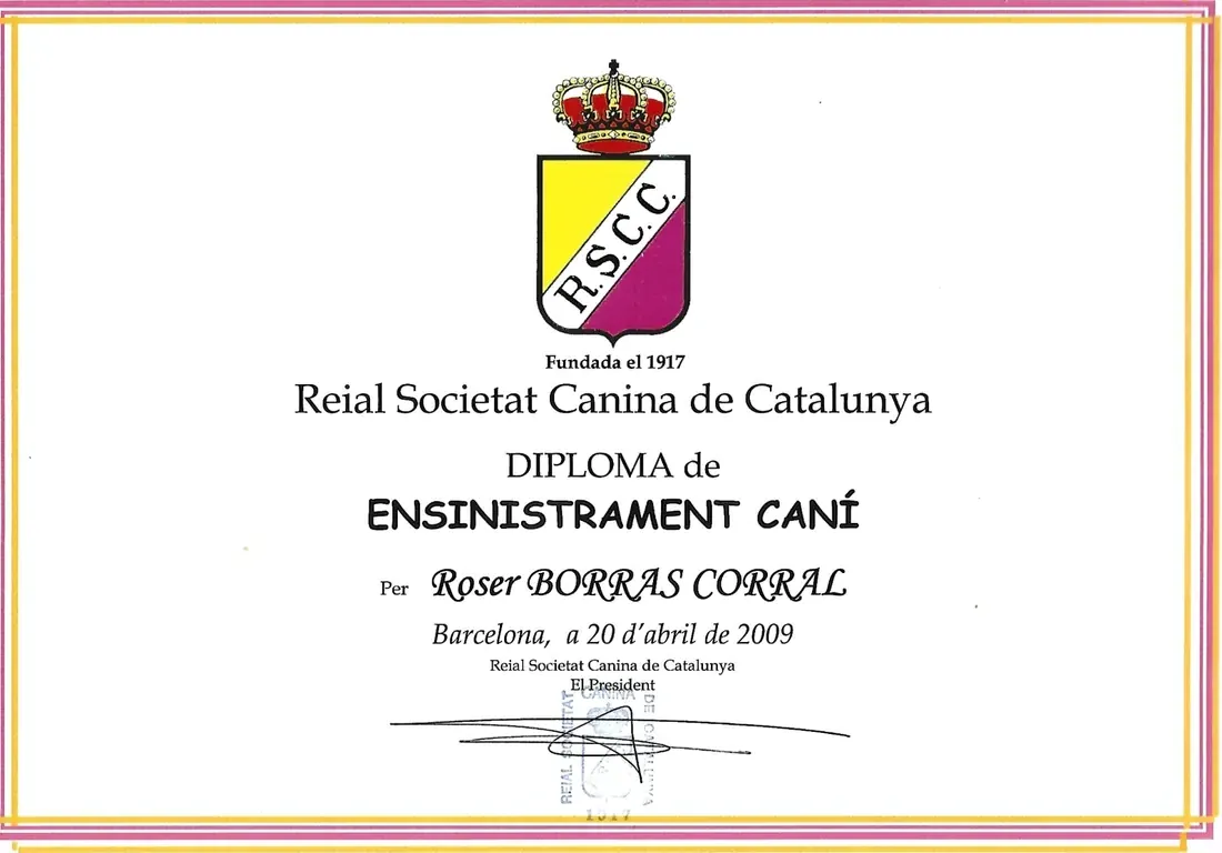 Diploma d’ensinistrament caní de la Reial Societat Canina de Catalunya