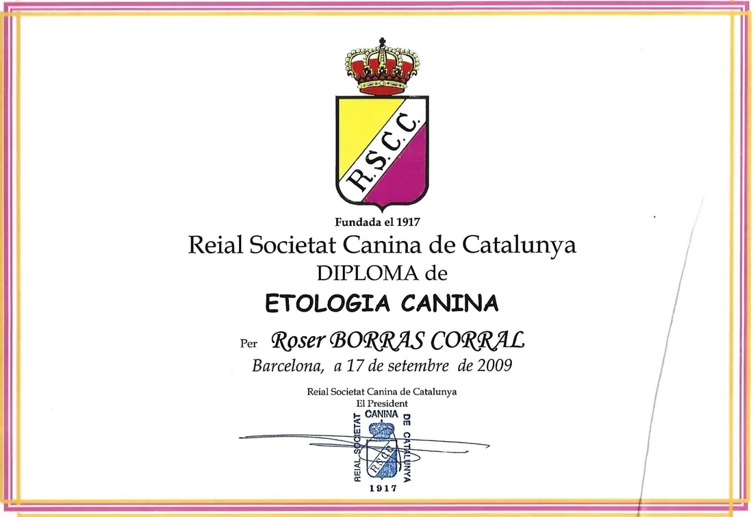 Diploma d’etologia canina de la Reial Societat Canina de Catalunya