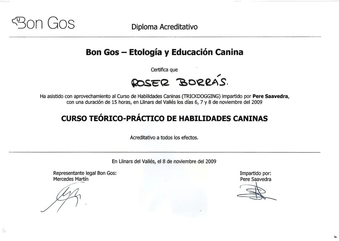Diploma acreditatiu del curs teòric-pràctic d’habilitats canines de Bon Gos
