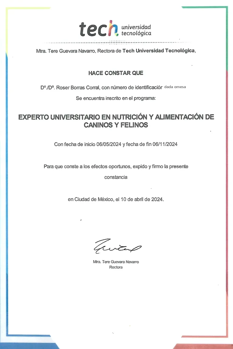 Constància d’inscripció de Roser Borras Corral al programa de nutrició i alimentació canina i felina